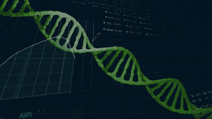 Animation of dna strand over financial data processing on black background