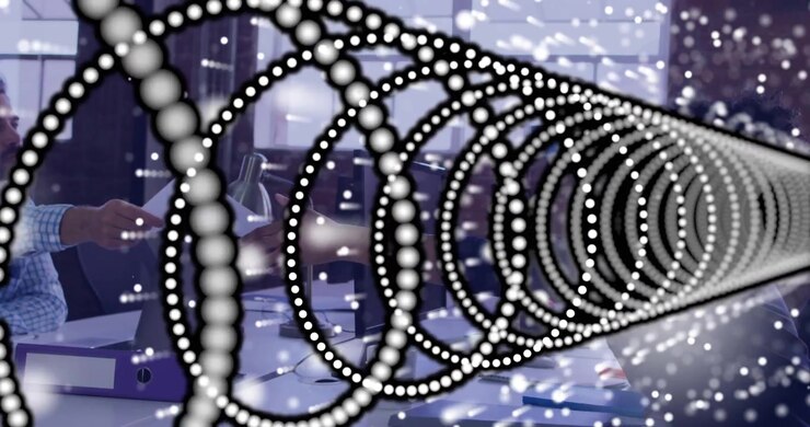 Vertical video: Animated dotted spiral moving right revealing office team passing papers near PCs