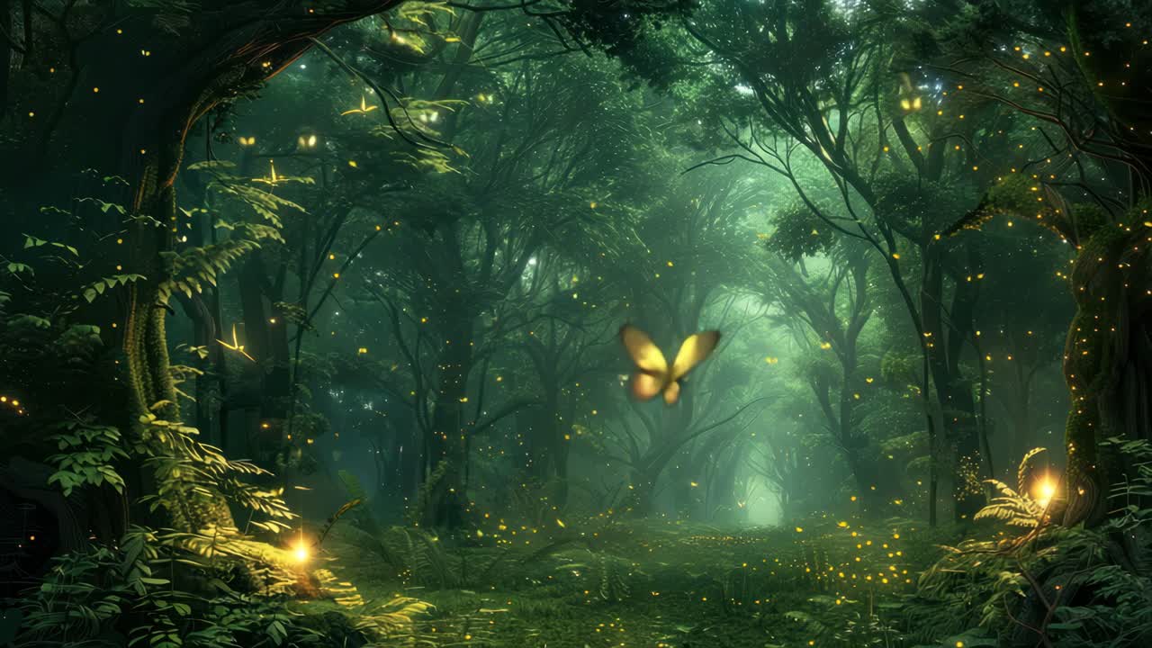 Enchanted forest scene with glowing fireflies, captured from a low-angle