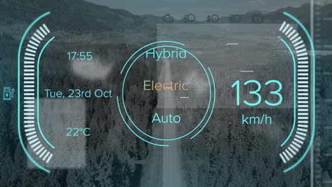 Animation of electric car data processing over road and landscape