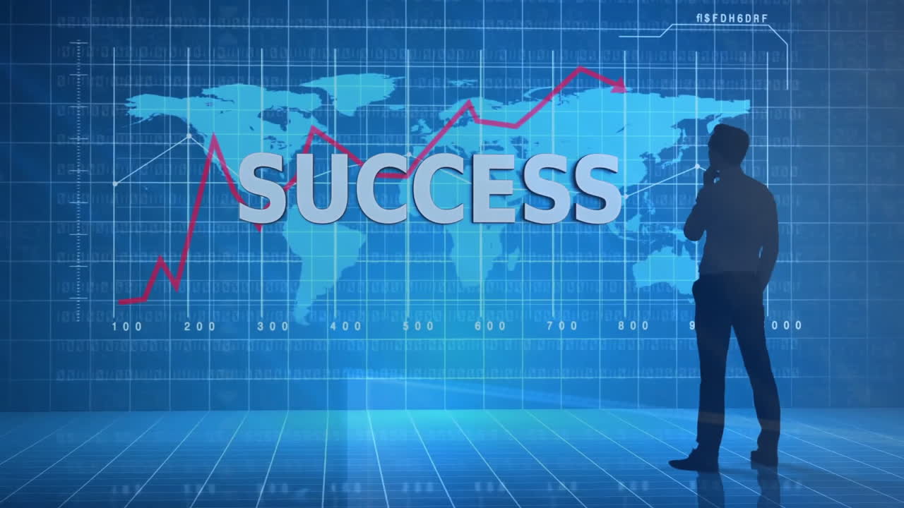 성공의 애니메이션: 백인 사업가와 세계 지도에 대한 텍스트