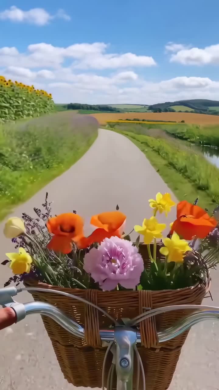 Video POV mentre si pedala lungo una strada di campagna panoramica con fiori nel cestino, in una giornata di sole.