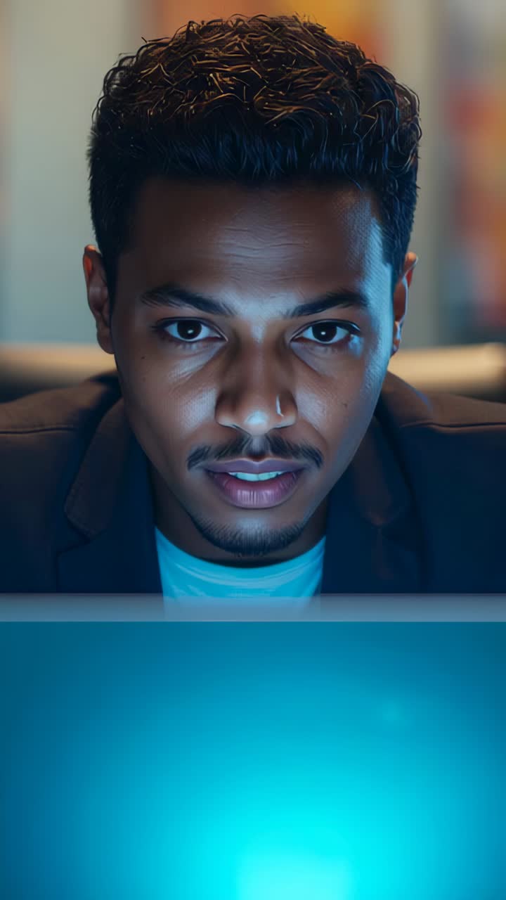 Vertical video: Leaning man responding to laptop glow by typing in home office, focused expression