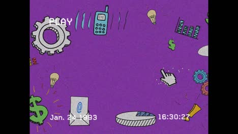 Animation-of-social-media-icons-over-screen-with-noise