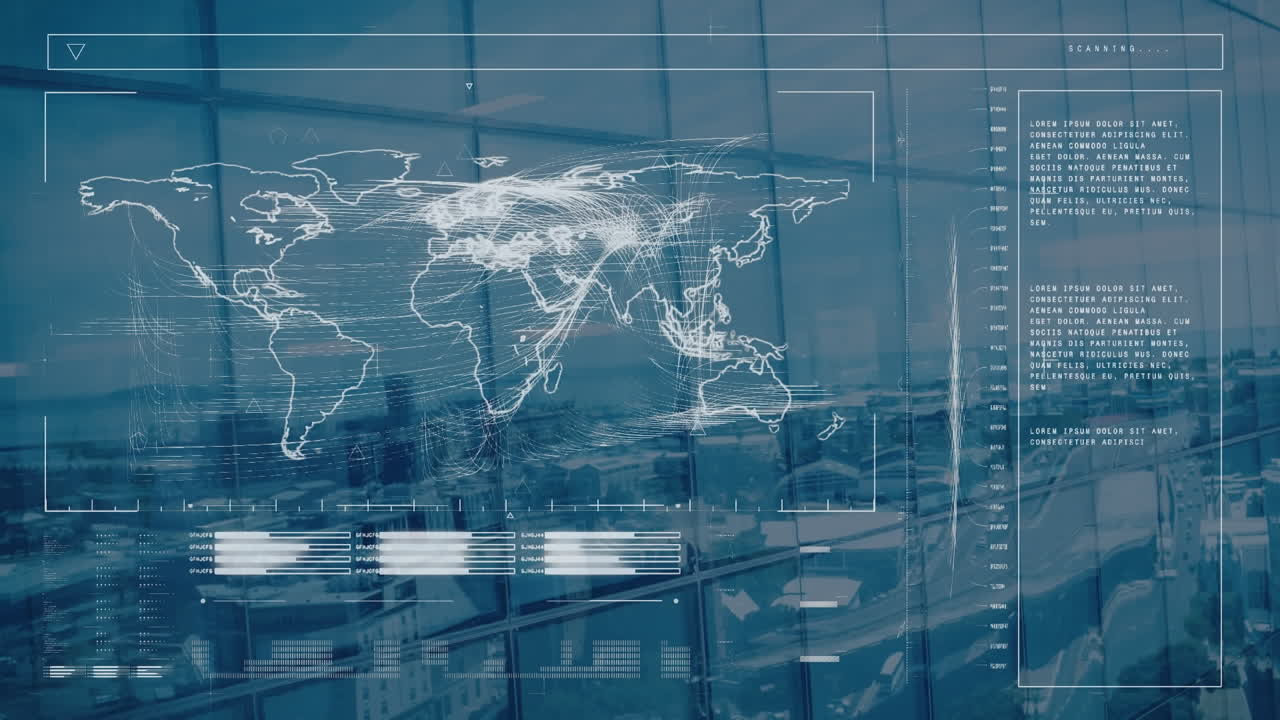 animación de la interfaz con el procesamiento de datos sobre el mapa del mundo contra la vista aérea del paisaje urbano