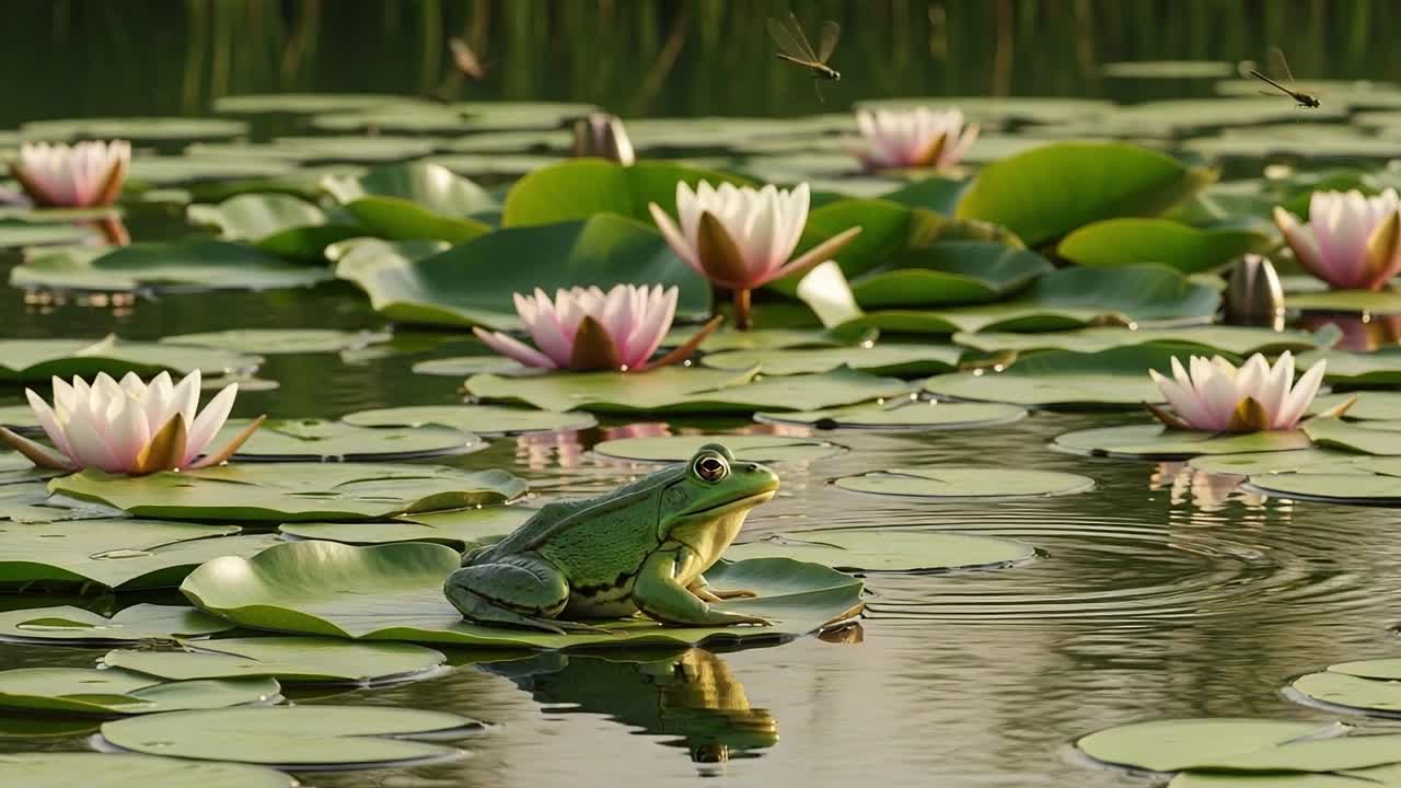 A Serene Natural Setting with a Frog on Lily Pads, Capturing the Beauty of a Tranquil Pond Surrounded by Blooming Water Lilies and Nature's Harmony