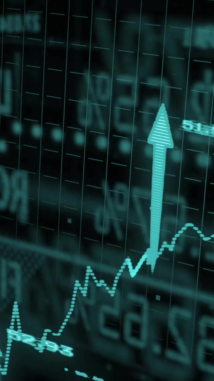 Animazione di grafici, frecce verso l'alto, numeri che cambiano e tabellone di trading su sfondo nero.