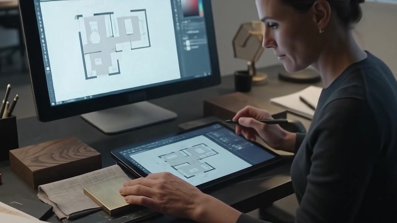Interior Designer Working on Architectural Floor Plan on Digital Tablet