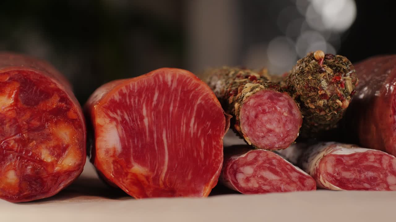 Mix of spanish pork sausages, Cutting board of appetizing catalonian snack - fuet, jamon, chorizo, olives, supermarket tapas food in spain, traditional cuisine.