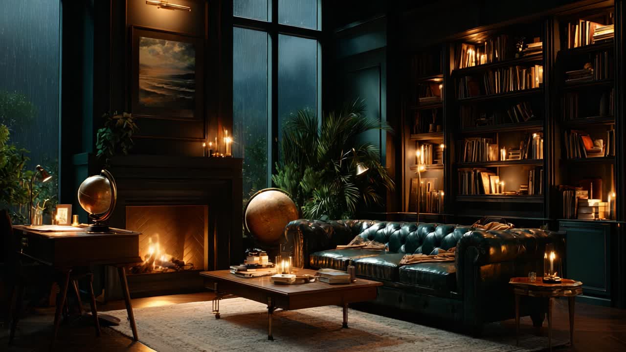 A Cozy Evening Retreat: A Warmly Lit Living Room with Elegant Furnishings and Comfortable Seating, Inviting Relaxation Amidst the Gentle Rainfall Outside