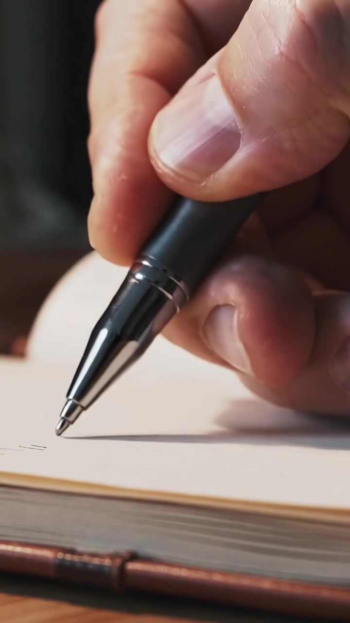 Vertical video: Touching pen tip, right hand writing on desk notebook, stitched spine
