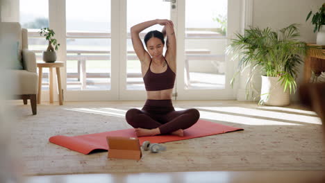 Woman,-yoga-and-stretching-with-tablet-in-online