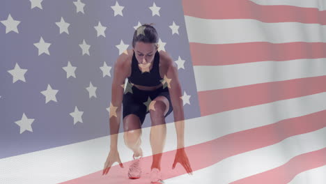 animación de la bandera de los ee.uu. sobre atleta femenina afroamericana