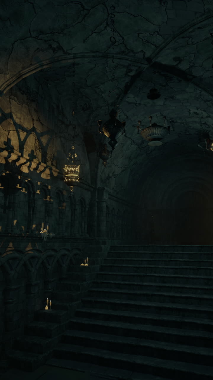 Mysterious stairway in an ancient castle illuminated by candles