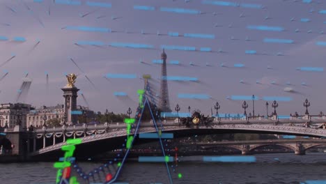 animation of financial data processing over paris cityscape