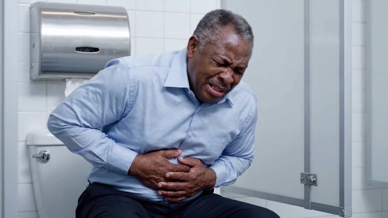 Un uomo prova un forte dolore allo stomaco mentre è seduto su un WC, evidenziando i momenti di disagio gastrointestinale in un ambiente di bagno pubblico