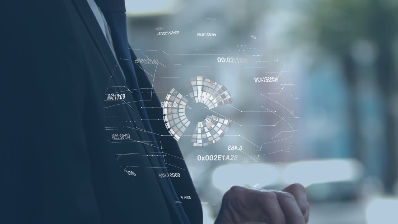 태블릿을 사용하는 백인 사업가의 손 위에 있는 지구의 애니메이션