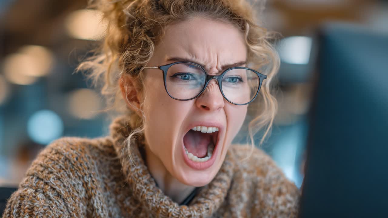 Intense Emotional Reaction of a Young Woman Expressing Frustration and Anger While Staring at Her Computer Screen in a Bright, Modern Workspace Setting