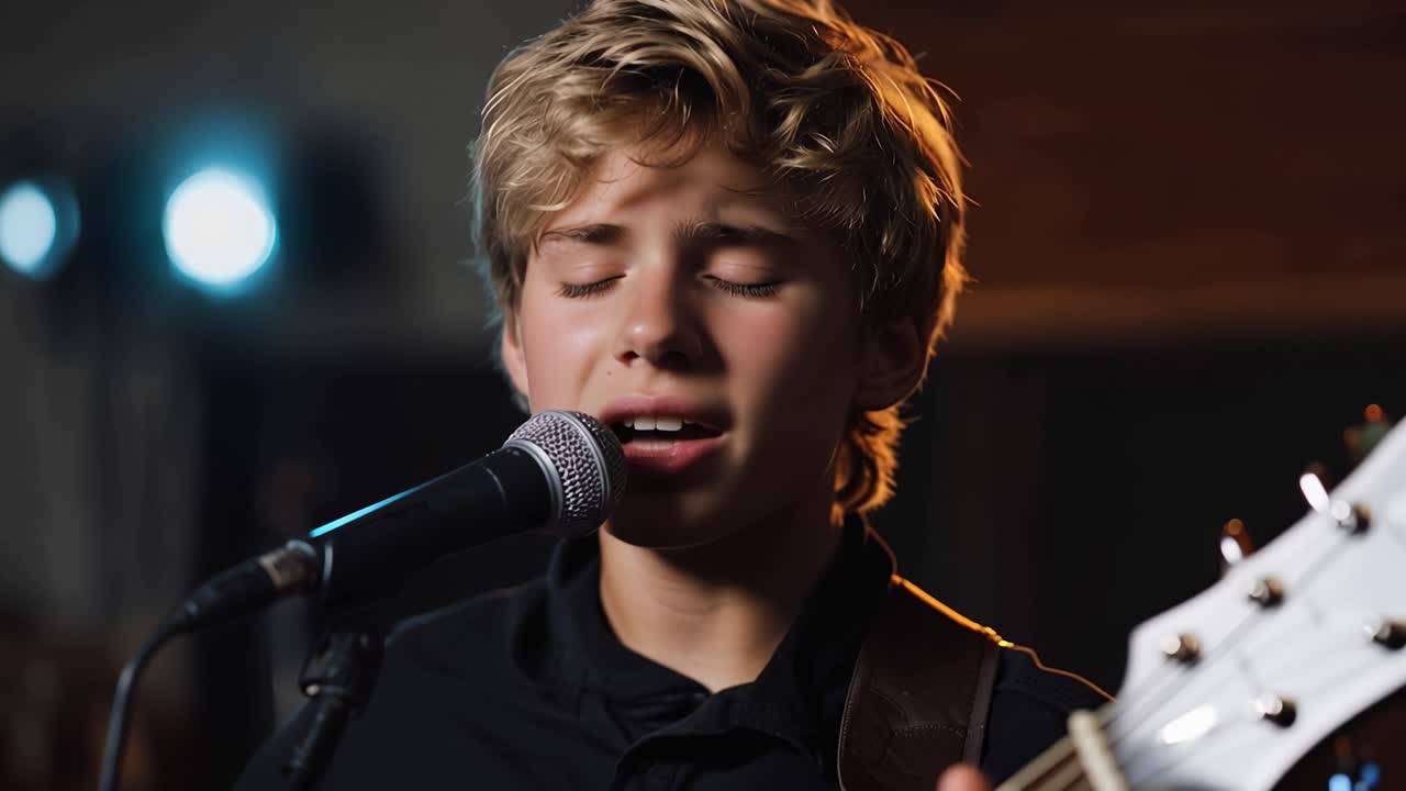 Young Boy Singing Emotionally into Microphone While Playing Guitar
