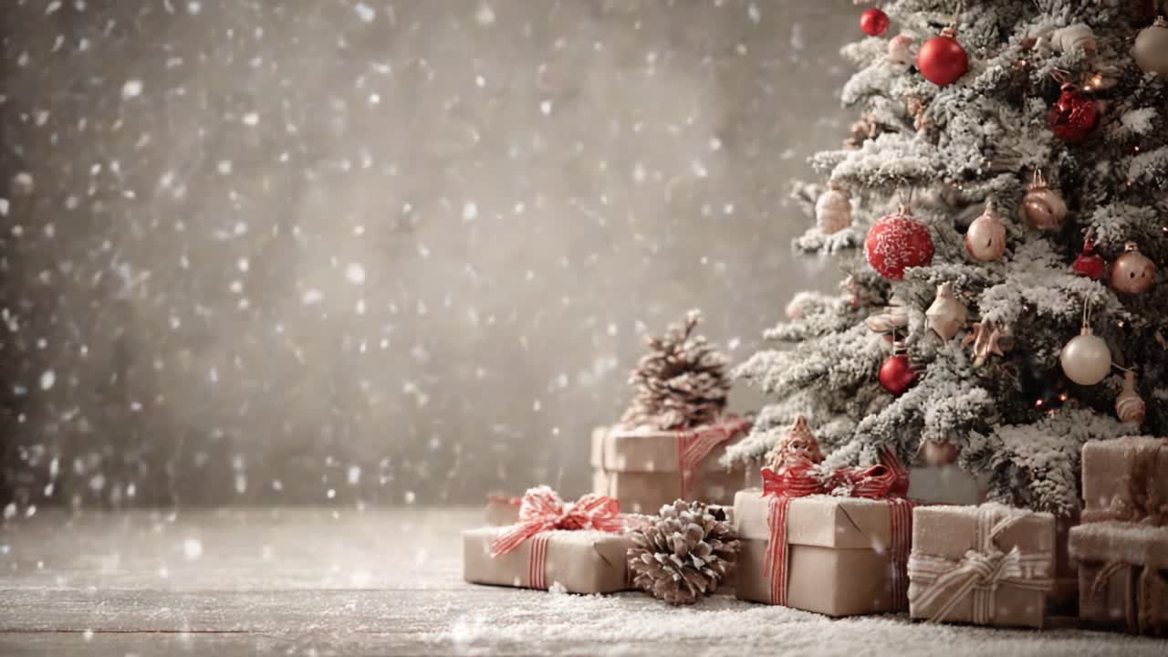 Un'accogliente scena natalizia: albero decorato in modo splendido, circondato da regali e soffici fiocchi di neve che creano un'atmosfera festosa