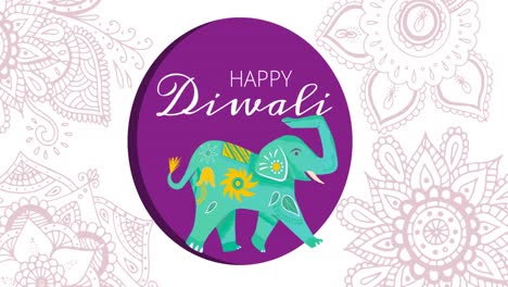 animación del texto feliz de diwali y el icono del elefante sobre un fondo blanco