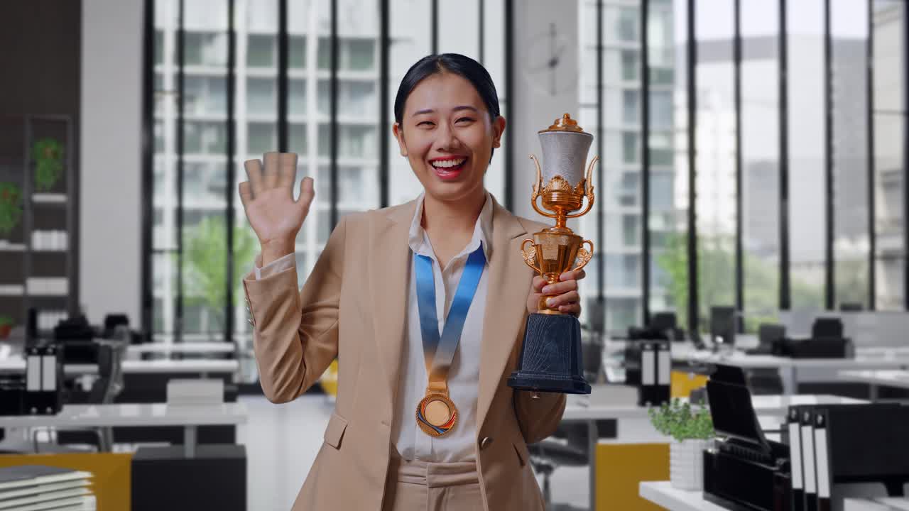 Woman Celebrating Achievement in Office