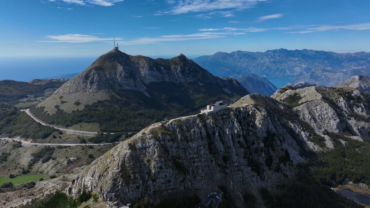 Mountains of Lovcen, Montenegro, Aerial drone fly peak cliffs near Mausoleum
