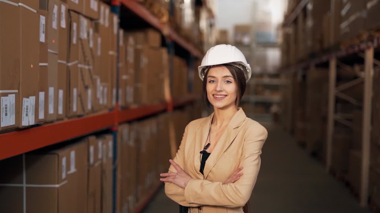 Young beautiful woman in a business suit with a helmet on her head looks at the camera and smiles