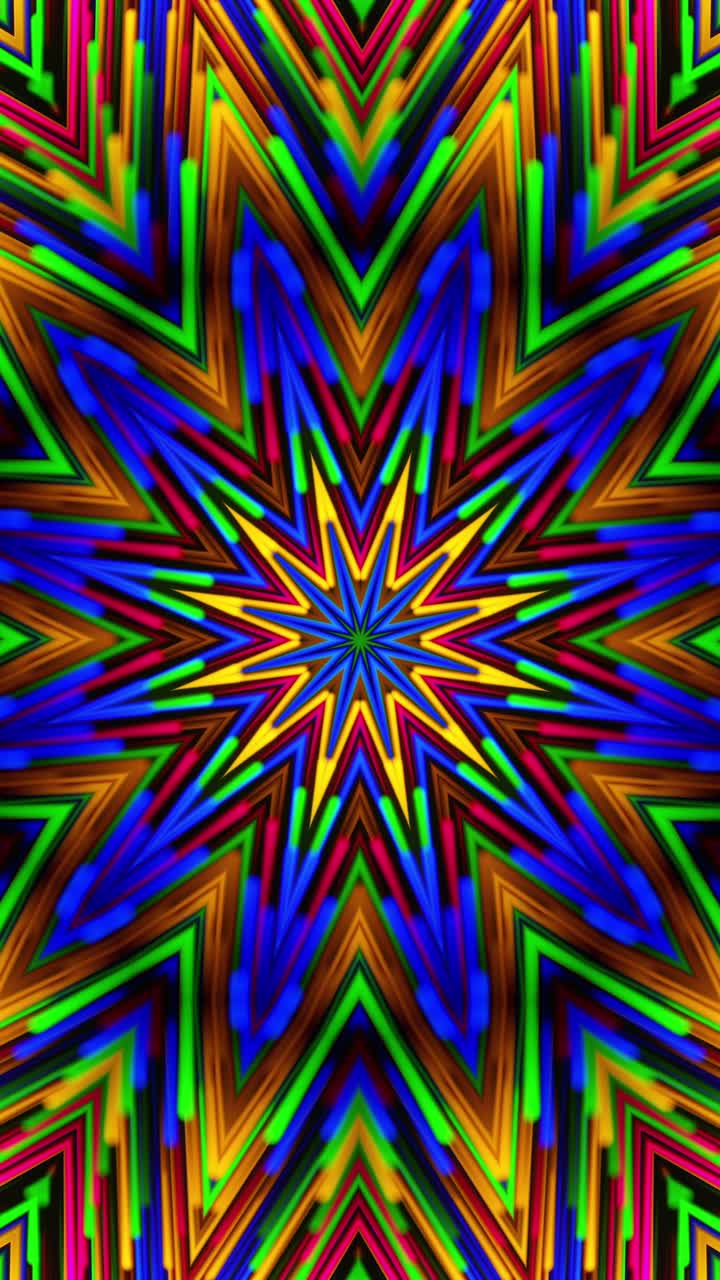 Design astratto colorato con centro a forma di stella. Kaleidoscope VJ loop Verticale