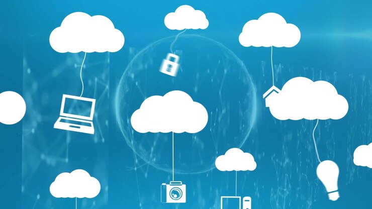 Animation of abstract shapes in seamless pattern over digital icons tied to cloud icon
