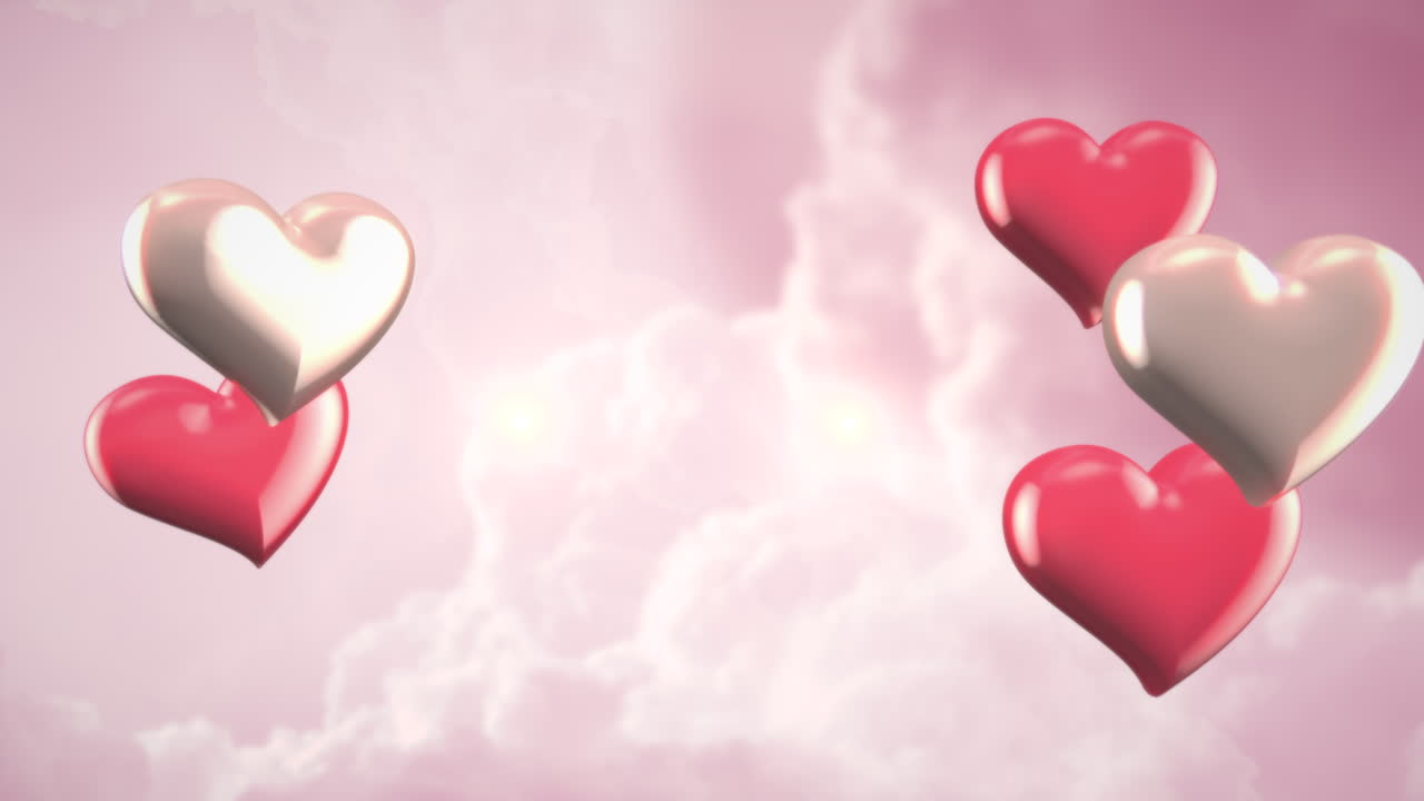 animación primer plano movimiento pequeños corazones románticos en rosa nublado día de san valentín fondo brillante