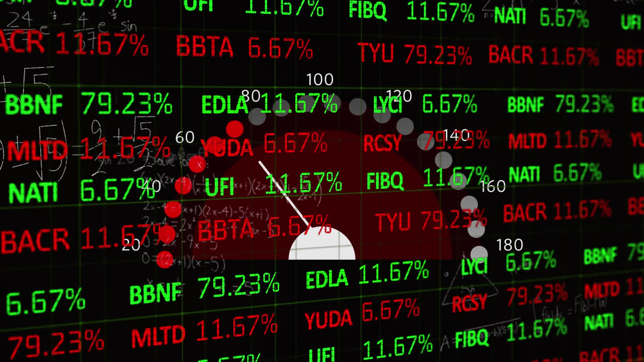 Animazione dell'elaborazione dei dati del mercato azionario su tachimetro, equazioni matematiche e simboli