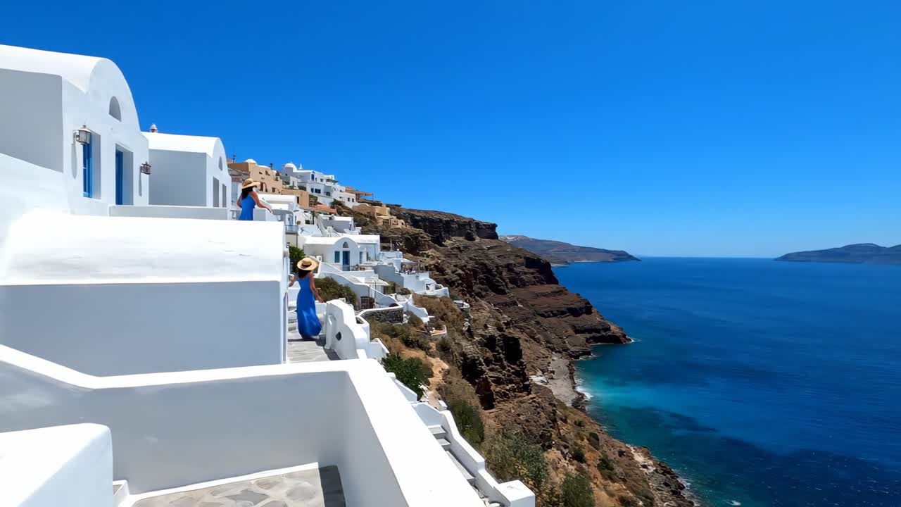 Scenic View of Santorini, Greece with White Buildings and Blue Sea