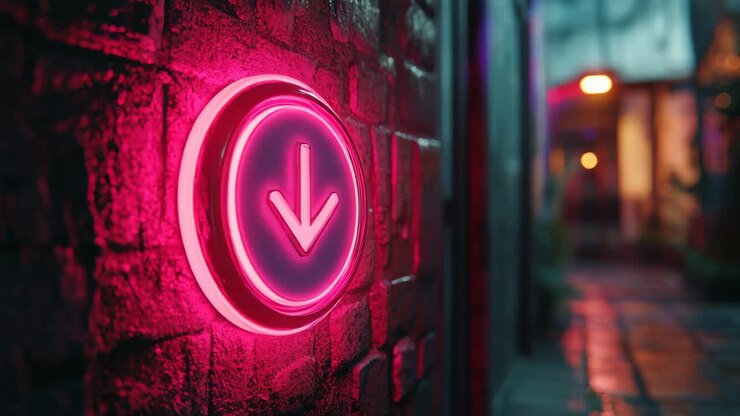 Pulsante freccia giù al neon in un vicolo notturno