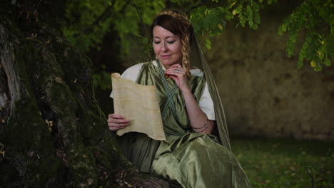 ancient roman woman reading a scroll under a tree