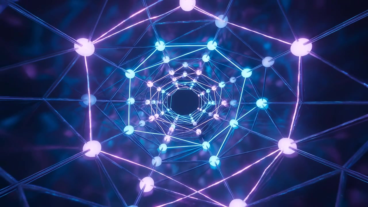 Gliding camera through neon-lit hexagonal lattice tunnel at playback start, revealing glowing nodes