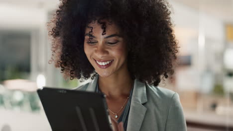 Woman,-tablet-and-face-with-smile-for-business