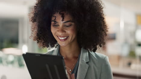 woman, tablet and face with smile for business