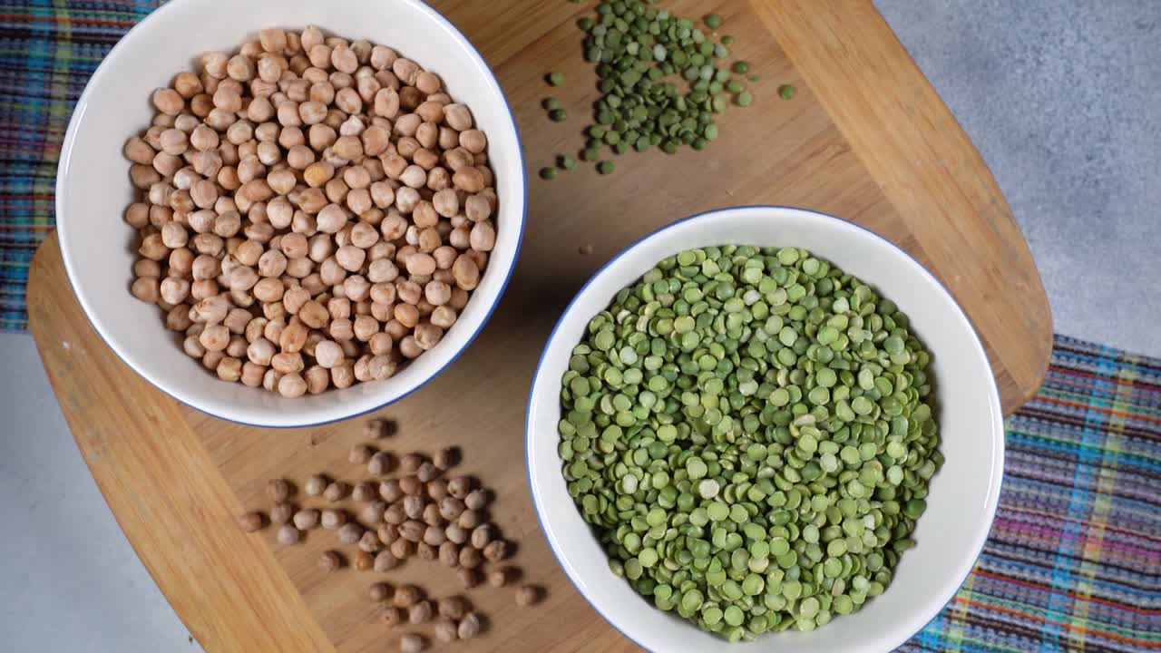 Turkish chickpeas and green peas. High protein legumes,beans and lentils for vegetarians.Circular rotation on the table.