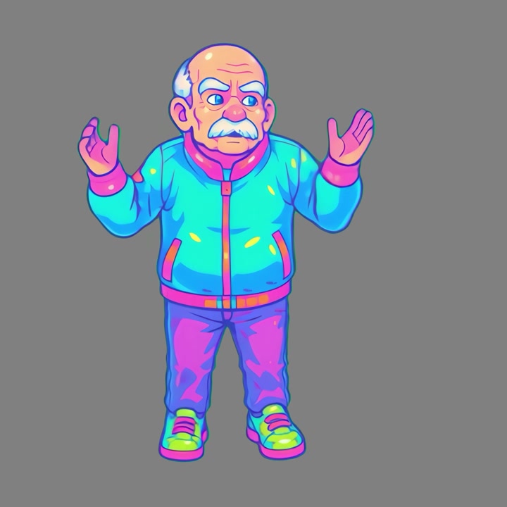 Ilustración animada de un hombre mayor encogiéndose de hombros con ropa deportiva colorida