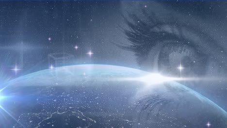 Animation of glowing stars and earth and geometric figures over woman&#039;s eye