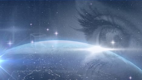 animation of glowing stars and earth and geometric figures over woman's eye