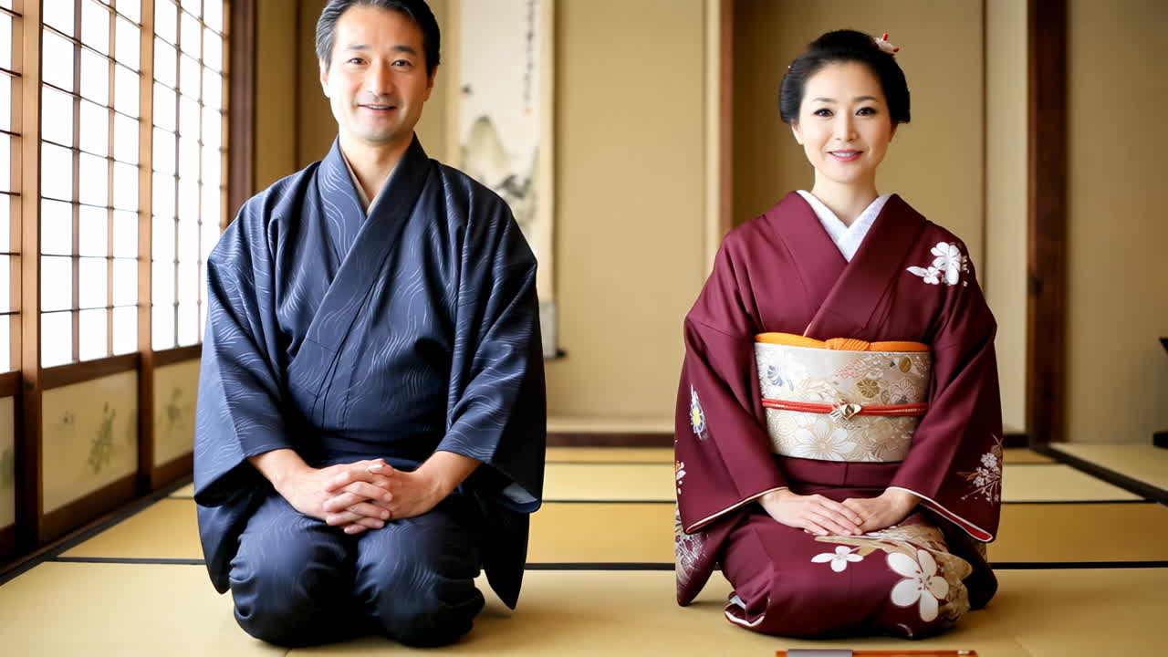 Japanese couple in traditional kimonos kneeling on tatami mats