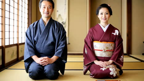 japanese couple in traditional kimonos kneeling on tatami mats