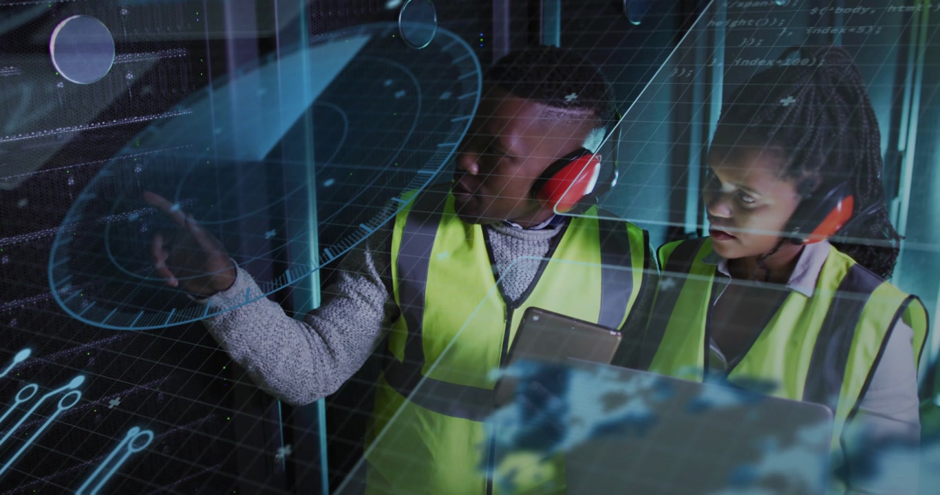 Two technicians consulting tablet, pointing AR controls on glass, performing data center check