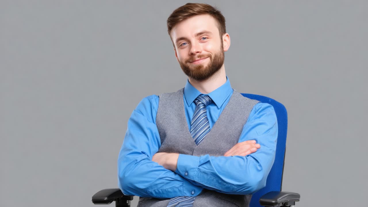 Confident Businessman Sitting in Office Chair, Exuding Professionalism and Approachability in Smart Attire, Radiating Positive Energy and Assurance