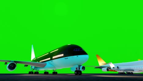 numerosos aviones estacionados en la pista del aeropuerto contra un fondo de pantalla verde