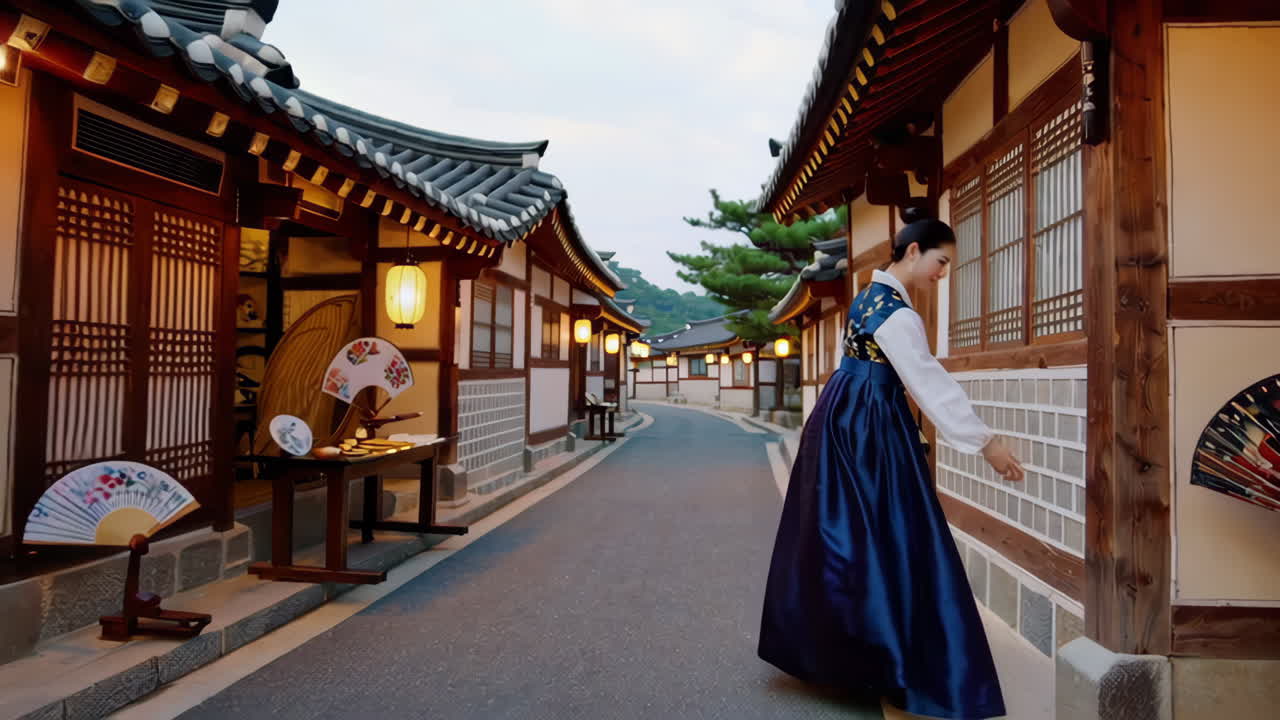 mujer en hanbok en una aldea tradicional coreana