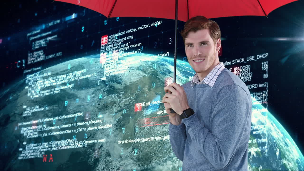 Animazione di un uomo d'affari con ombrello rosso, globo, icone digitali ed elaborazione dati su schermi