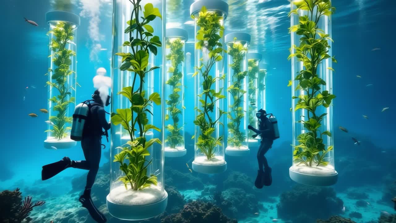 Divers are interacting with unique underwater plant installations housed in transparent tubes, surrounded by vibrant marine life, showcasing the beauty of underwater ecosystems and conservation efforts